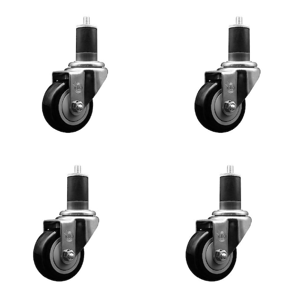 3'' Black Poly Wheel Swivel 1-5/8'' Expanding Stem Caster Set, 4PK